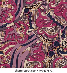 Seamless mehndi vector pattern. Hand-made ethnic illustration. Colorful doodle texture.