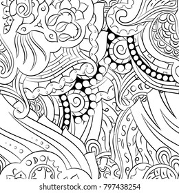Seamless mehndi vector pattern. Hand-made illustration. Black and white binary pattern, monochrome doodle texture.
