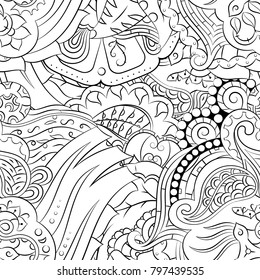 Seamless mehndi vector pattern. Hand-made illustration. Black and white binary pattern, monochrome doodle texture.