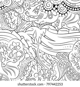 Seamless mehndi vector pattern. Hand-made illustration. Black and white binary pattern, monochrome doodle texture.