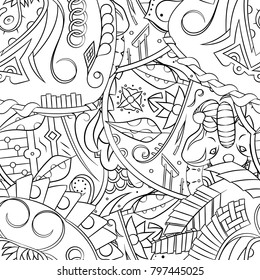 Seamless mehndi vector pattern. Hand-made illustration. Black and white binary pattern, monochrome doodle texture.