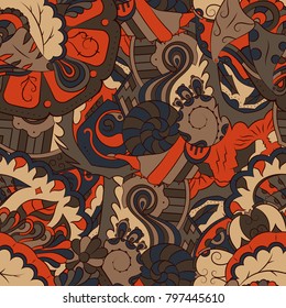 Seamless mehndi vector pattern. Hand-made ethnic illustration. Colorful doodle texture.