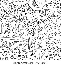 Seamless mehndi vector pattern. Hand-made illustration. Black and white binary pattern, monochrome doodle texture.
