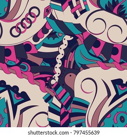 Seamless mehndi vector pattern. Hand-made ethnic illustration. Colorful doodle texture.
