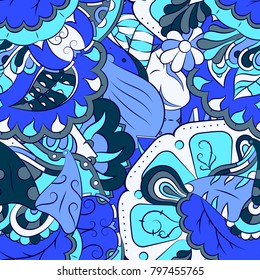 Seamless mehndi vector pattern. Hand-made ethnic illustration. Colorful doodle texture.