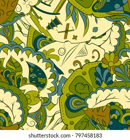 Seamless mehndi vector pattern. Hand-made ethnic illustration. Colorful doodle texture.