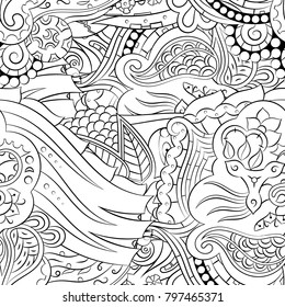 Seamless mehndi vector pattern. Hand-made illustration. Black and white binary pattern, monochrome doodle texture.