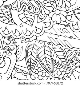 Seamless mehndi vector pattern. Hand-made illustration. Black and white binary pattern, monochrome doodle texture.