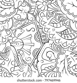 Seamless mehndi vector pattern. Hand-made illustration. Black and white binary pattern, monochrome doodle texture.