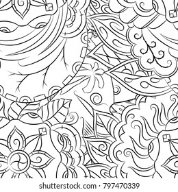 Seamless mehndi vector pattern. Hand-made illustration. Black and white binary pattern, monochrome doodle texture.