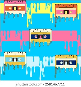 Seamless melt type cassette and line yellow and pink drip pattern, dripping liquid, light blue background, seamless fabric pattern, vector illustration, work of hand drawn