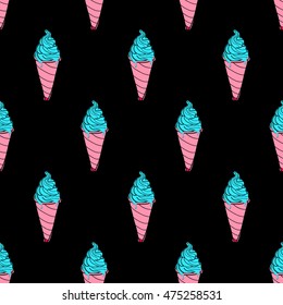 Seamless melting ice cream cone pattern, hand-drawn colorful summer food background, mint cone melts vector, for cards, invitations, food design, EPS 8