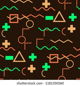 Seamless Memphis Background. Abstract Color Texture with Lines and Geometric Figures for Dress, Curtain, Paper. Vintage Seamless Multicolor Background in Memphis Style for your Design. Vector.
