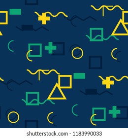 Seamless Memphis Background. Abstract Color Texture with Lines and Geometric Figures for Dress, Curtain, Paper. Trendy Seamless Multicolor Background in Memphis Style for your Design. Vector.