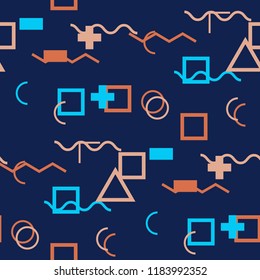 Seamless Memphis Background. Abstract Color Texture with Lines and Geometric Figures for Wallpaper, Fabric, Textile. Vintage Seamless Multicolor Background in Memphis Style for your Design. Vector.