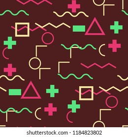 Seamless Memphis Background. Abstract Color Texture with Lines and Geometric Figures for Cotton, Print, Textile. Modern Seamless Multicolor Background in Memphis Style for your Design. Vector.