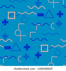 Seamless Memphis Background. Abstract Color Texture with Lines and Geometric Figures for Wallpaper, Print, Textile. Vintage Seamless Multicolor Background in Memphis Style for your Design. Vector.