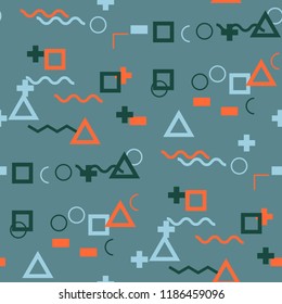 Seamless Memphis Background. Abstract Color Texture with Lines and Geometric Figures for Print, Cloth, Fabric. Trendy Seamless Multicolor Background in Memphis Style for your Design. Vector.