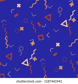 Seamless Memphis Background. Abstract Color Texture with Lines and Geometric Figures for Print, Fabric, Cloth. Trendy Seamless Multicolor Background in Memphis Style for your Design. Vector.