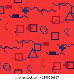 Seamless Memphis Background. Abstract Color Texture with Lines and Geometric Figures for Chintz, Curtain, Paper. Retro Seamless Multicolor Background in Memphis Style for your Design. Vector.