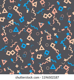 Seamless Memphis Background. Abstract Color Texture with Lines and Geometric Figures for Fabric, Cloth, Textile. Retro Seamless Multicolor Background in Memphis Style for your Design. Vector.