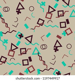 Seamless Memphis Background. Abstract Color Texture with Lines and Geometric Figures for Fabric, Cloth, Textile. Modern Seamless Multicolor Background in Memphis Style for your Design. Vector.