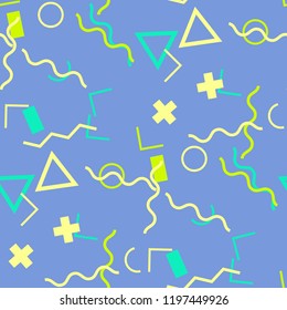 Seamless Memphis Background. Abstract Color Texture with Lines and Geometric Figures for Dress, Paper, Tablecloth. Vintage Seamless Multicolor Background in Memphis Style for your Design. Vector.