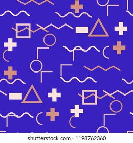 Seamless Memphis Background. Abstract Color Texture with Lines and Geometric Figures for Wallpaper, Fabric, Textile. Vintage Seamless Multicolor Background in Memphis Style for your Design. Vector.