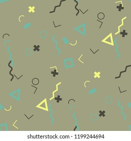 Seamless Memphis Background. Abstract Color Texture with Lines and Geometric Figures for Chintz, Linen, Wallpaper. Trendy Seamless Multicolor Background in Memphis Style for your Design. Vector.