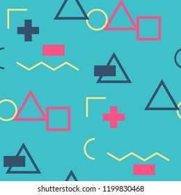 Seamless Memphis Background. Abstract Color Texture with Lines and Geometric Figures for Linen, Paper, Tablecloth. Modern Seamless Multicolor Background in Memphis Style for your Design. Vector.