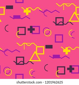 Seamless Memphis Background. Abstract Color Texture with Lines and Geometric Figures for Print, Fabric, Cloth. Vintage Seamless Multicolor Background in Memphis Style for your Design. Vector.