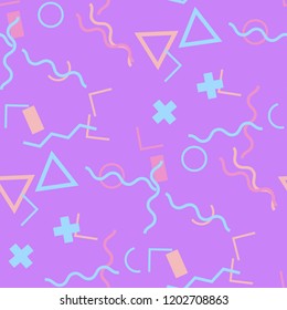 Seamless Memphis Background. Abstract Color Texture with Lines and Geometric Figures for Print, Cloth, Textile. Retro Seamless Multicolor Background in Memphis Style for your Design. Vector.