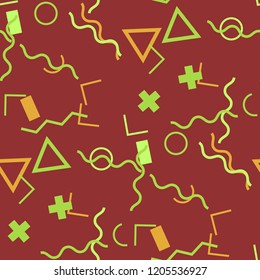 Seamless Memphis Background. Abstract Color Texture with Lines and Geometric Figures for Print, Cloth, Textile. Retro Seamless Multicolor Background in Memphis Style for your Design. Vector.