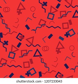 Seamless Memphis Background. Abstract Color Texture with Lines and Geometric Figures for Dress, Curtain, Tablecloth. Trendy Seamless Multicolor Background in Memphis Style for your Design. Vector.