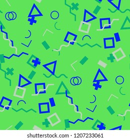 Seamless Memphis Background. Abstract Color Texture with Lines and Geometric Figures for Cotton, Print, Calico. Modern Seamless Multicolor Background in Memphis Style for your Design. Vector.