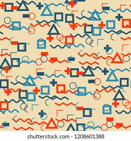 Seamless Memphis Background. Abstract Color Texture with Lines and Geometric Figures for Cotton, Print, Calico. Trendy Seamless Multicolor Background in Memphis Style for your Design. Vector.