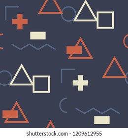 Seamless Memphis Background. Abstract Color Texture with Lines and Geometric Figures for Wallpaper, Cotton, Textile. Vintage Seamless Multicolor Background in Memphis Style for your Design. Vector.
