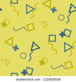Seamless Memphis Background. Abstract Color Texture with Lines and Geometric Figures for Cotton, Print, Calico. Vintage Seamless Multicolor Background in Memphis Style for your Design. Vector.