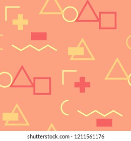 Seamless Memphis Background. Abstract Color Texture with Lines and Geometric Figures for Chintz, Linen, Wallpaper. Retro Seamless Multicolor Background in Memphis Style for your Design. Vector.