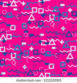 Seamless Memphis Background. Abstract Color Texture with Lines and Geometric Figures for Print, Fabric, Textile. Vintage Seamless Multicolor Background in Memphis Style for your Design. Vector.