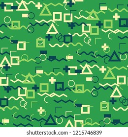 Seamless Memphis Background. Abstract Color Texture with Lines and Geometric Figures for Cotton, Calico, Textile. Trendy Seamless Multicolor Background in Memphis Style for your Design. Vector.