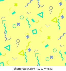 Seamless Memphis Background. Abstract Color Texture with Lines and Geometric Figures for Chintz, Linen, Wallpaper. Trendy Seamless Multicolor Background in Memphis Style for your Design. Vector.