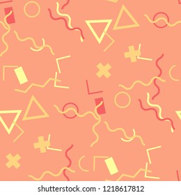 Seamless Memphis Background. Abstract Color Texture with Lines and Geometric Figures for Dress, Curtain, Tablecloth. Trendy Seamless Multicolor Background in Memphis Style for your Design. Vector.
