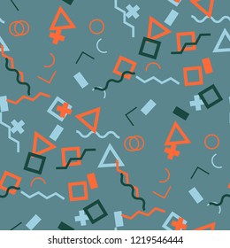 Seamless Memphis Background. Abstract Color Texture with Lines and Geometric Figures for Wallpaper, Cotton, Textile. Modern Seamless Multicolor Background in Memphis Style for your Design. Vector.