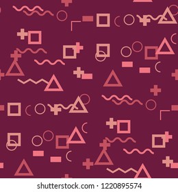 Seamless Memphis Background. Abstract Color Texture with Lines and Geometric Figures for Fabric, Cloth, Textile. Vintage Seamless Multicolor Background in Memphis Style for your Design. Vector.