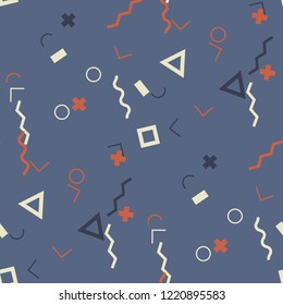 Seamless Memphis Background. Abstract Color Texture with Lines and Geometric Figures for Wallpaper, Fabric, Print. Retro Seamless Multicolor Background in Memphis Style for your Design. Vector.
