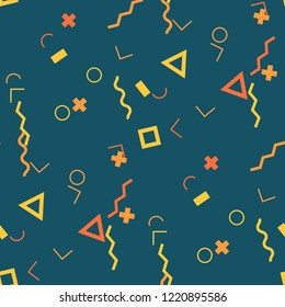 Seamless Memphis Background. Abstract Color Texture with Lines and Geometric Figures for Print, Fabric, Textile.  Retro Seamless Multicolor Background in Memphis Style for your Design. Vector.