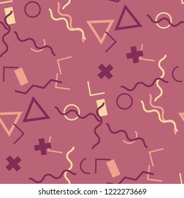 Seamless Memphis Background. Abstract Color Texture with Lines and Geometric Figures for Print, Fabric, Textile. Retro Seamless Multicolor Background in Memphis Style for your Design. Vector.