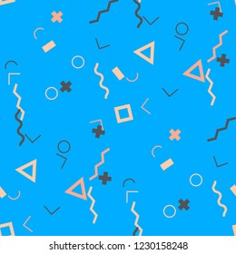 Seamless Memphis Background. Abstract Color Texture with Lines and Geometric Figures for Dress, Curtain, Paper. Vintage Seamless Multicolor Background in Memphis Style for your Design. Vector.