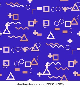 Seamless Memphis Background. Abstract Color Texture with Lines and Geometric Figures for Print, Fabric, Cloth. Retro Seamless Multicolor Background in Memphis Style for your Design. Vector.